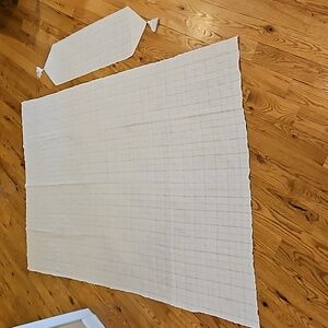 VINTAGE TABLECLOTH RUNNER 2 PC PIECES GOLD WHITE CREAM SQUARES TASSELS SHEER